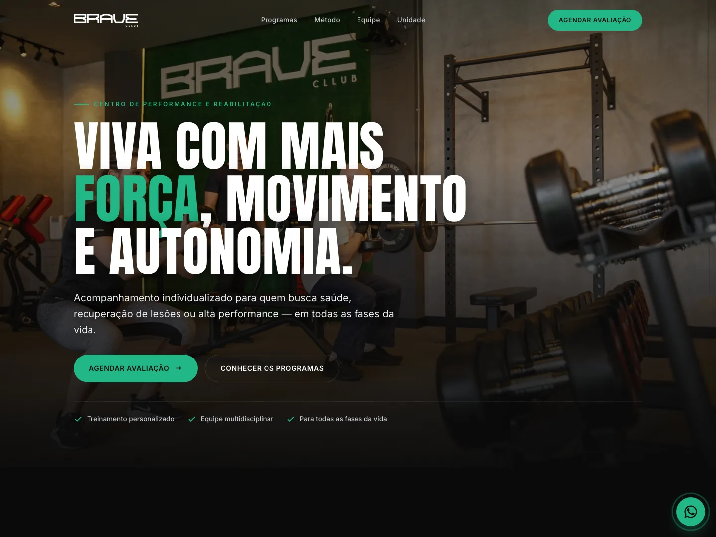 Hero do site da Brave Cllub, centro de performance e reabilitação