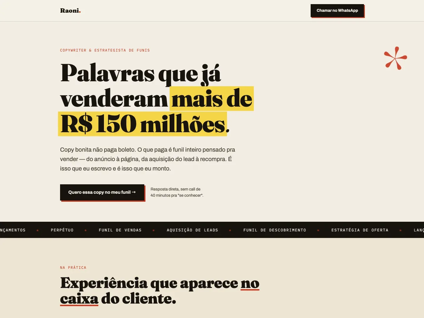 Hero do site do Raoni, copywriter e estrategista de funis