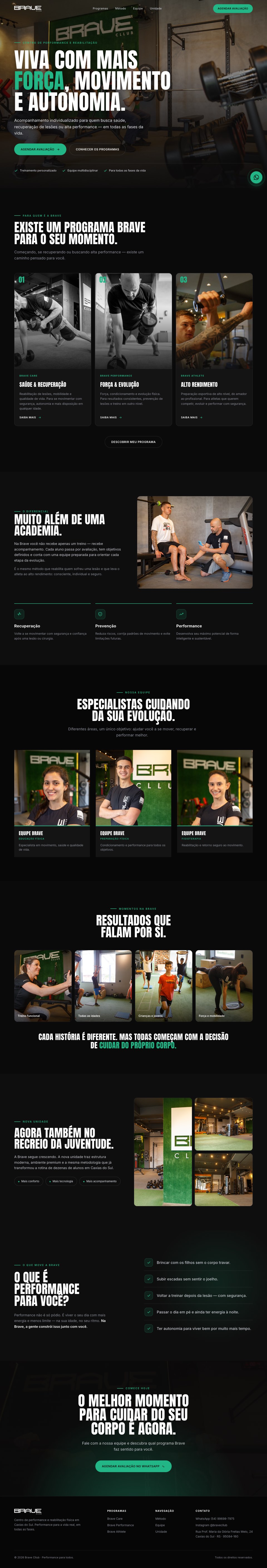 Página completa do site Brave Cllub percorrida de cima a baixo, projeto da Emérito
