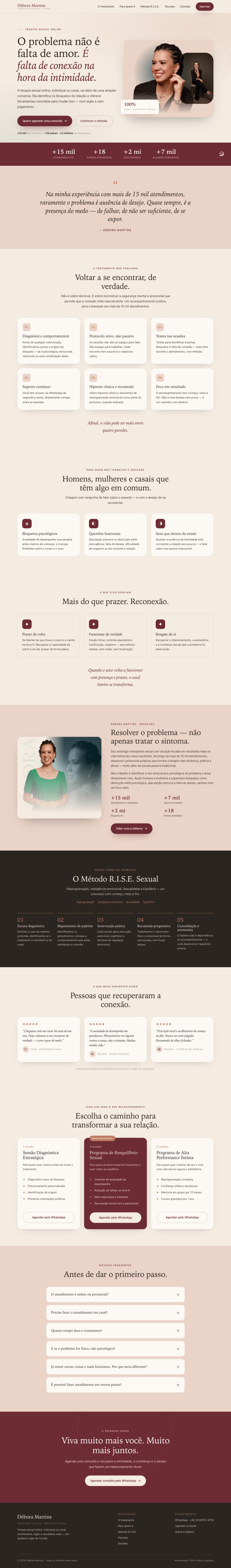 Página completa do site Débora Martins percorrida de cima a baixo, projeto da Emérito