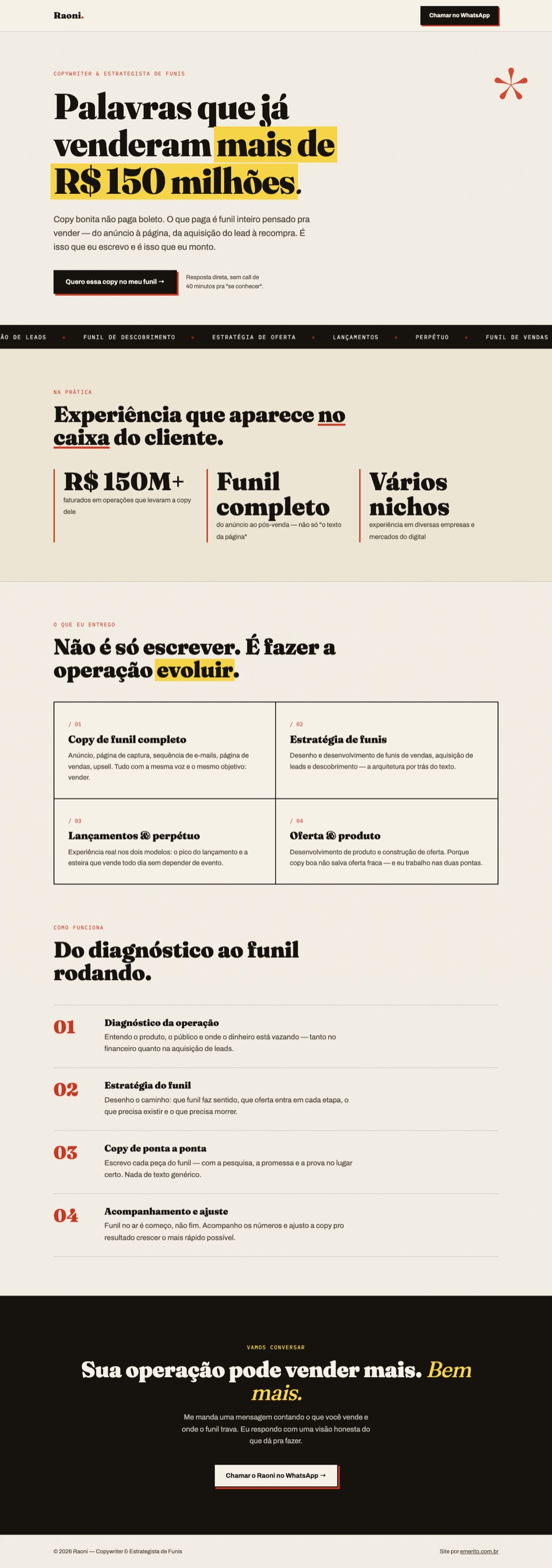 Página completa do site Raoni de Lima percorrida de cima a baixo, projeto da Emérito