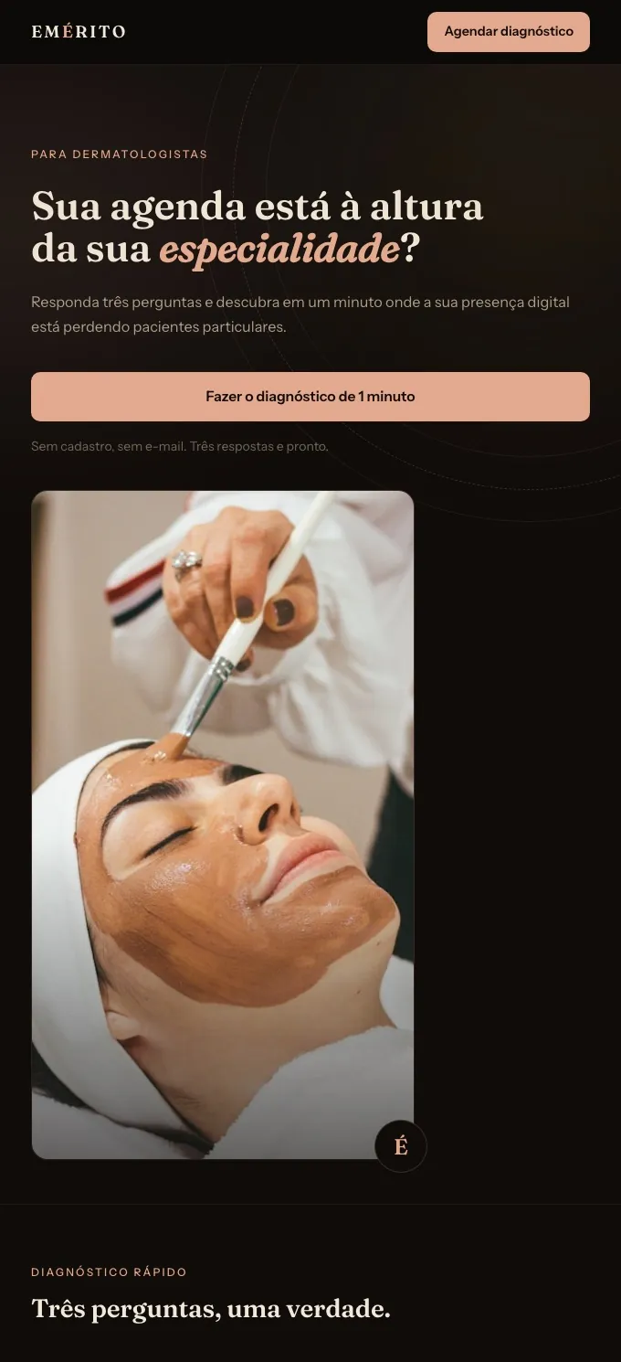 Landing page Emérito para dermatologistas, com diagnóstico interativo