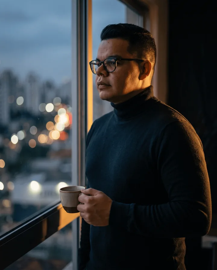 Aldo, da Emérito, com um café na janela ao anoitecer