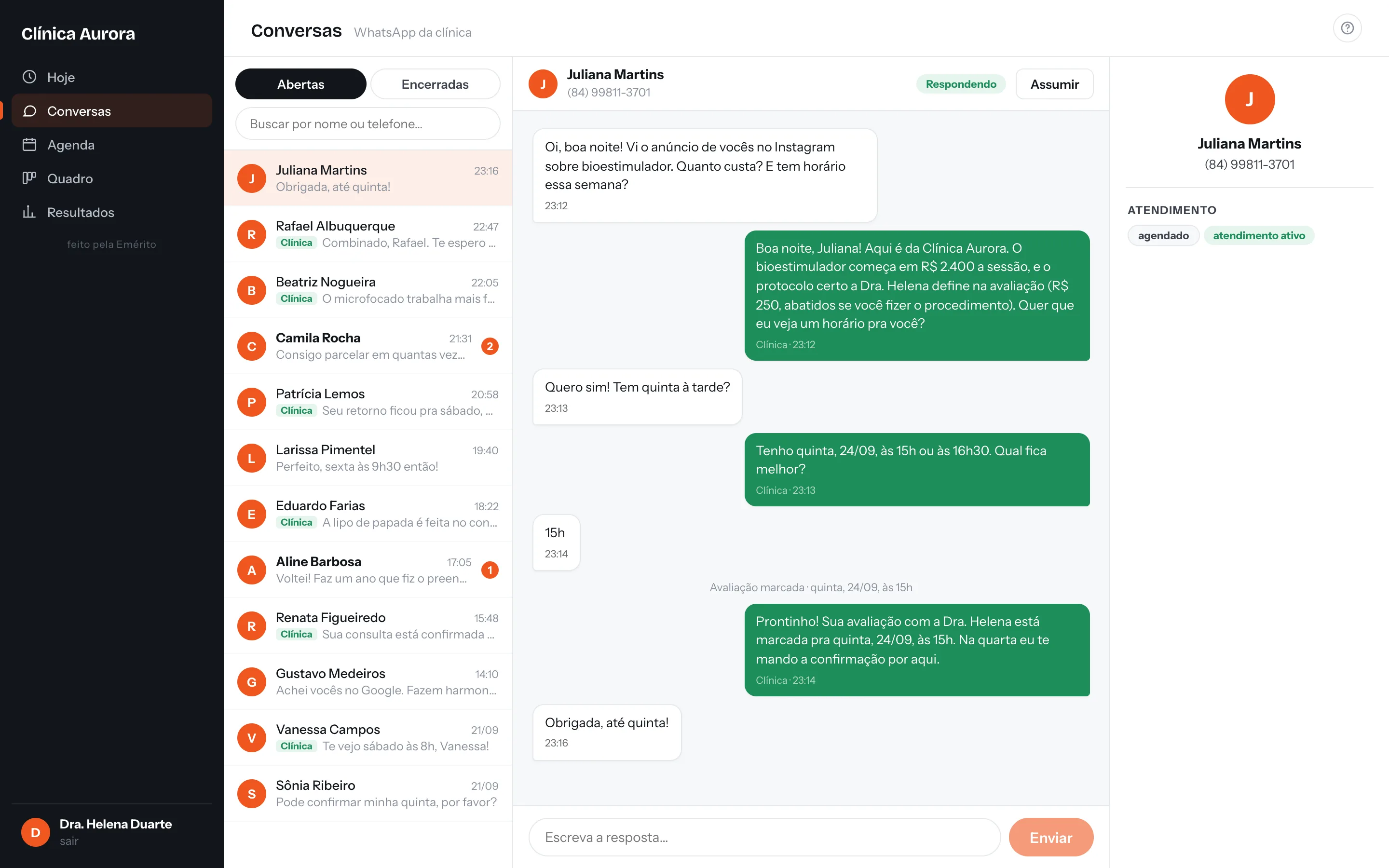 Tela de conversas da plataforma da Emérito com uma paciente respondida às 23h12
